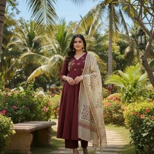 Beautiful Cotton Embroidered Anarkali Kurta Pant Set