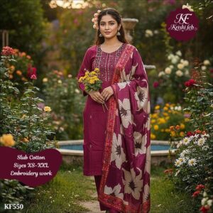 Slub Cotton Embroidered Kurta Set with Printed Dupatta.