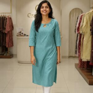 aqua blue soft cotton kurti with keyhole neck