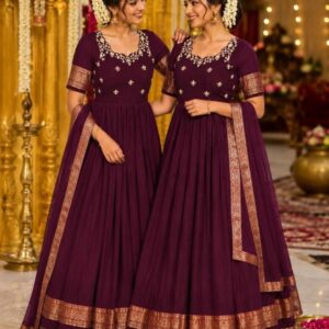 wine color silk blend gown with floral embroidery and zari border