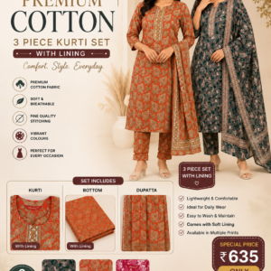 premium cotton 3 piece kurti set with lining