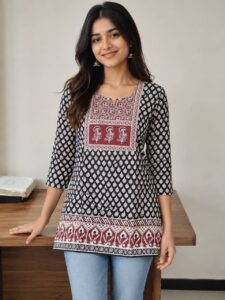 Jaipur Print Pure Cotton Short Kurti with Polka Dots - Size 38-48 - Flipstock Fashion Store Kerala