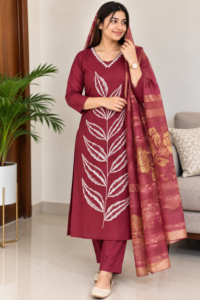 Maroon Printed Kurta Set with Designer Dupatta