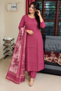 Elegant wine party wear kurti set with floral dupatta for women