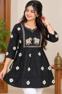 Women wearing embroidered short kurti-stylish ethnic wear