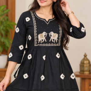 Women wearing embroidered short kurti-stylish ethnic wear
